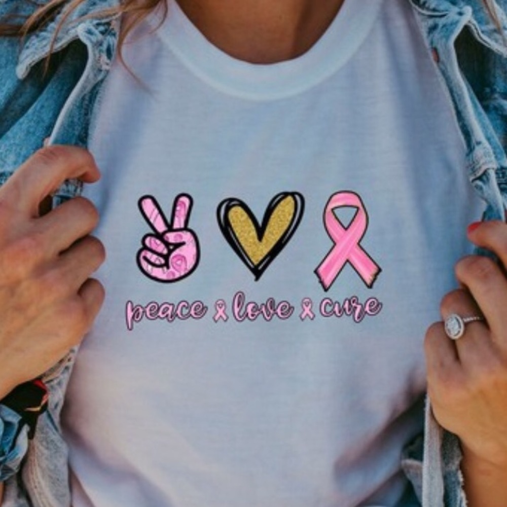 Breast Cancer Pink Ribbon Peace Love Cure Premium Graphic Tee Sublimation Ink - Picture 4 of 8